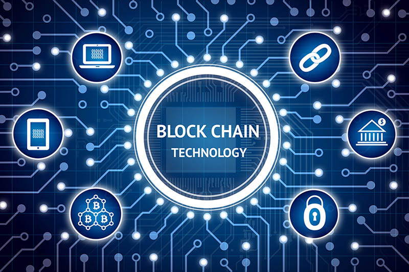 Blockchain , Distributed ledger technology , bitcoin concept. Electric circuit graphic and infographic of Block chain , network connect , security , binary coded icons.